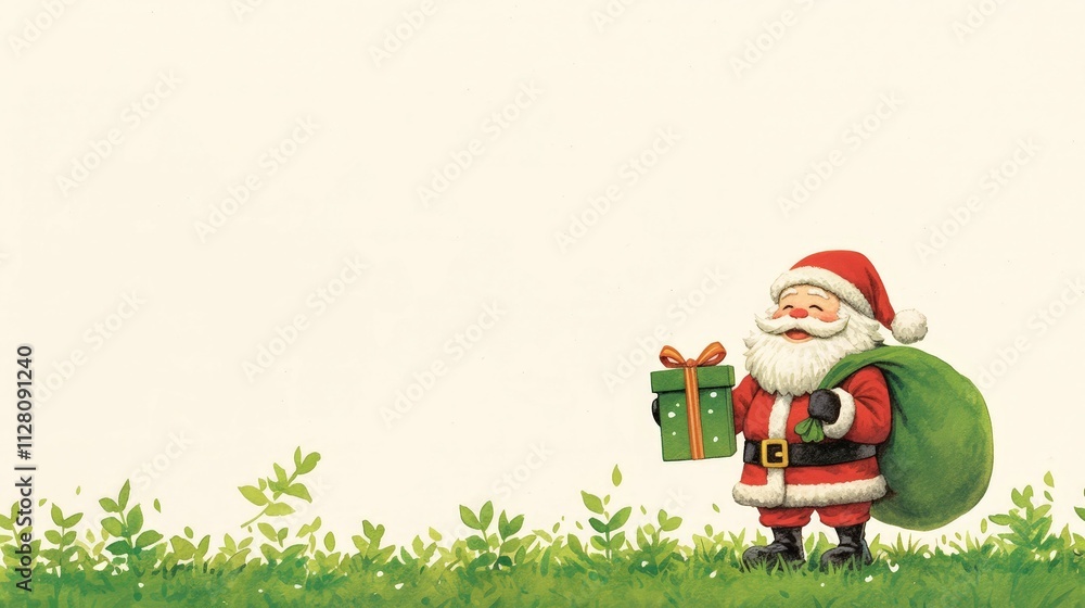 Obraz premium Cheerful Santa holding gifts with a bag, set against a light background and greenery.