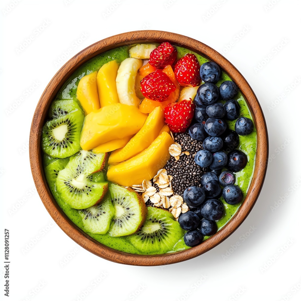 A vibrant fruit bowl featuring kiwi, mango, strawberries, blueberries, and chia seeds atop a green smoothie base, showcasing a healthy, colorful breakfast option. A vibrant fruit bowl featuring kiwi, mango, strawberries, blueberries, and chia seeds atop a green smoothie base, showcasing a healthy, colorful breakfast option.