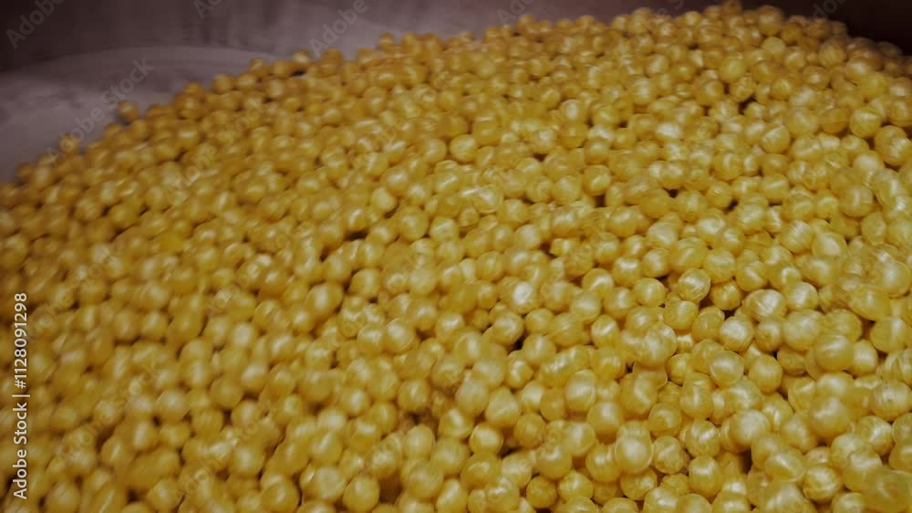 Close-up of yellow caramel round candies rotating in a drum at a confectionery factory. Modern confectionery factory. Enrobing of candies. Close-up of yellow caramel round candies rotating in a drum at a confectionery factory. Modern confectionery factory. Enrobing of candies.