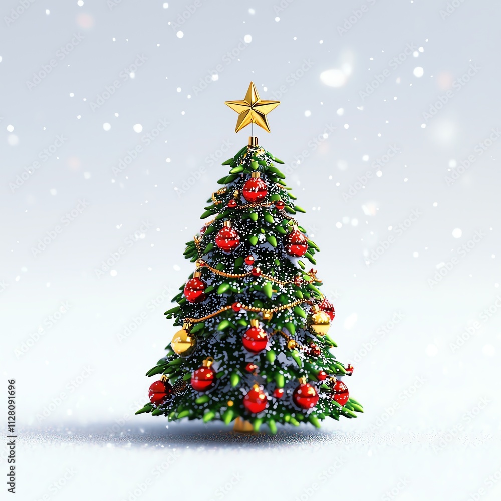 A festive Christmas tree adorned with ornaments, lights, and a star on top, surrounded by falling snowflakes. A festive Christmas tree adorned with ornaments, lights, and a star on top, surrounded by falling snowflakes.