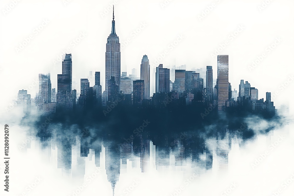 Fototapeta premium City skyline with reflection at dusk over water showcasing skyscrapers and towers in a vibrant urban setting