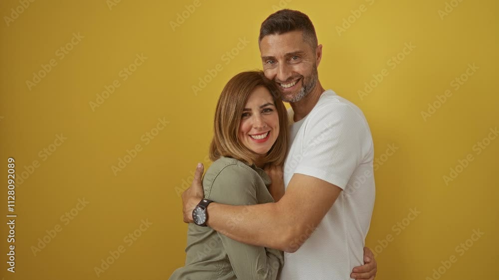 Smiling couple standing together in loving embrace against an isolated yellow background Smiling couple standing together in loving embrace against an isolated yellow background