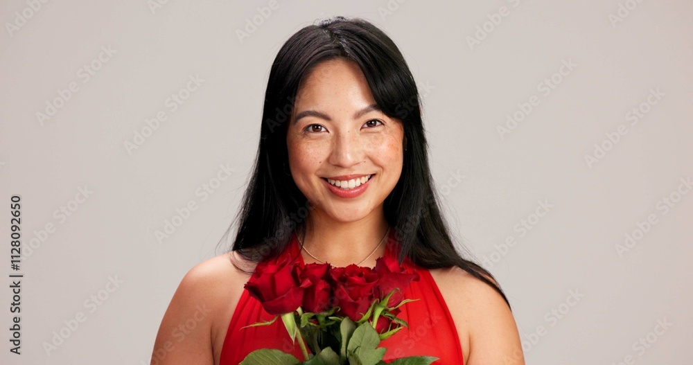 Woman, studio background and portrait with rose for love, care and valentines day celebration in Japan. Japanese person, romance and happy or smile in red dress with flower as anniversary gift Woman, studio background and portrait with rose for love, care and valentines day celebration in Japan. Japanese person, romance and happy or smile in red dress with flower as anniversary gift