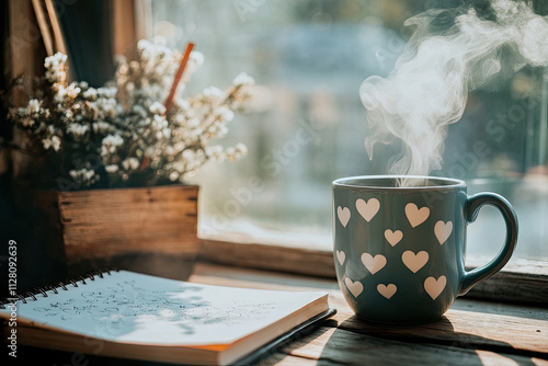 A coffee mug with steam shaped like hearts, happily sitting next to a notepad photo