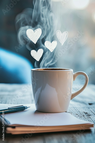 A coffee mug with steam shaped like hearts, happily sitting next to a notepad photo