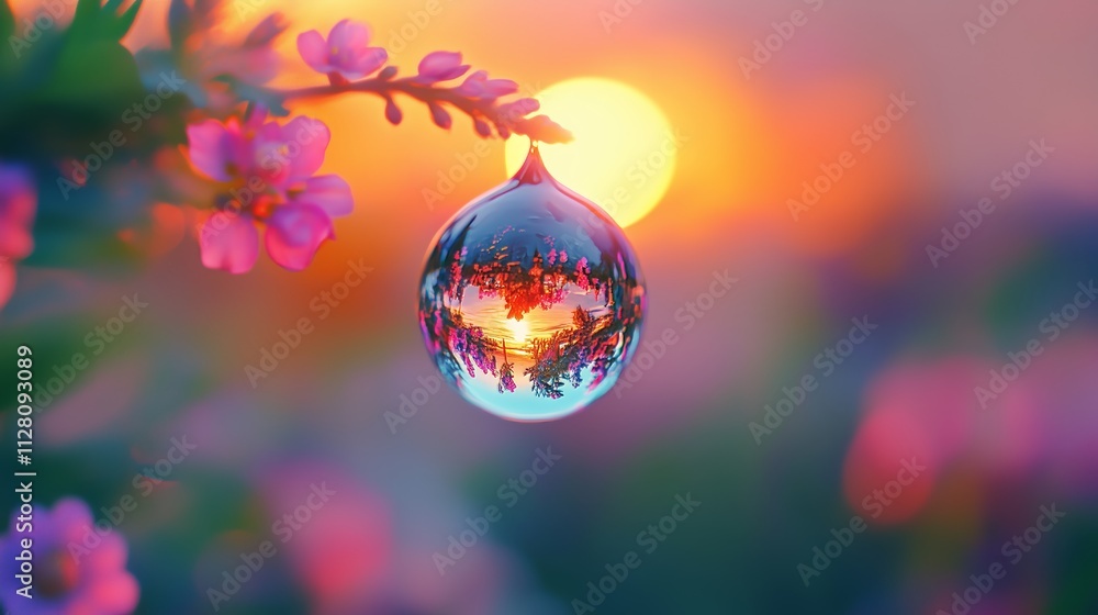 A droplet reflects a sunset's colors, enhancing nature's beauty and evoking peace and wonder. A droplet reflects a sunset's colors, enhancing nature's beauty and evoking peace and wonder.