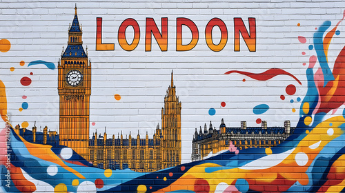 A vibrant mural depicts iconic London landmarks like Big Ben and Tower Bridge, blended with abstract swirls of color, creating a dynamic urban scene on a brick wall.  photo