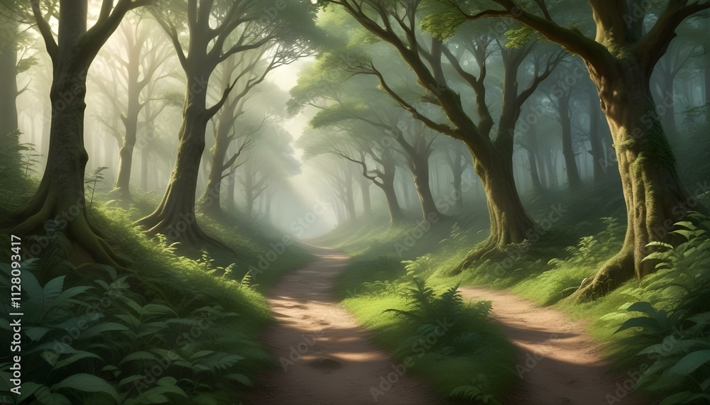 Naklejka premium Green Forest Sun Sky Pine Bamboo Trees Jungle Canopy Background Summer Spring Autmn Camping Travel