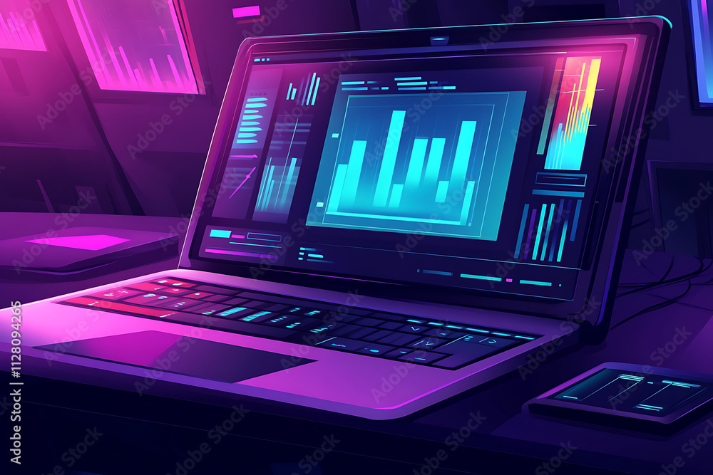 A vibrant laptop displaying data analytics in a tech-oriented environment.