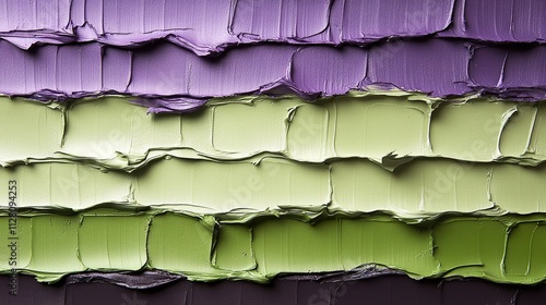 Textured layers of purple and green paint on a canvas represent creativity and expression