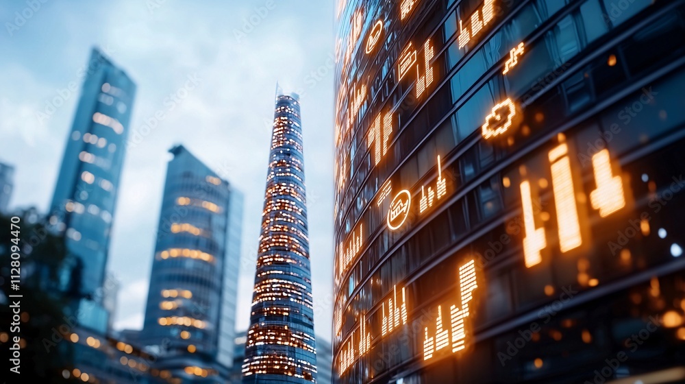 Obraz premium Business stock market futuristic concept. Urban skyline at dusk with illuminated buildings and digital displays showcasing financial data.