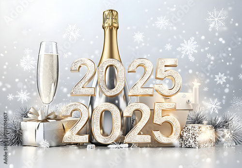 3D golden number "2025" with a silver bottle of champagne, snowflakes, and a gift box on a white background. Happy New Year.