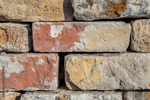 Detailed texture of a brick wall with visible mortar, ideal for architectural themes photo