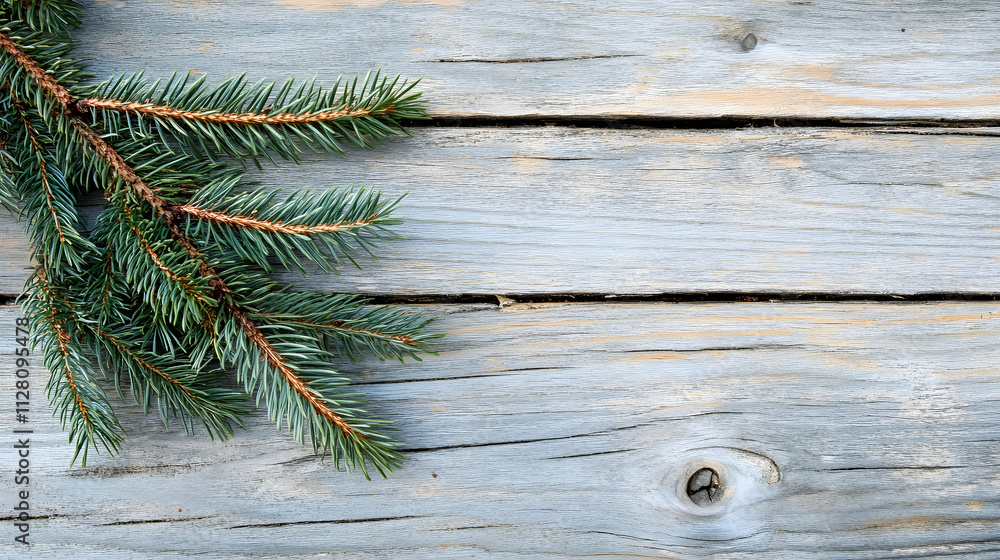 A spruce branch resting on a wooden surface.
