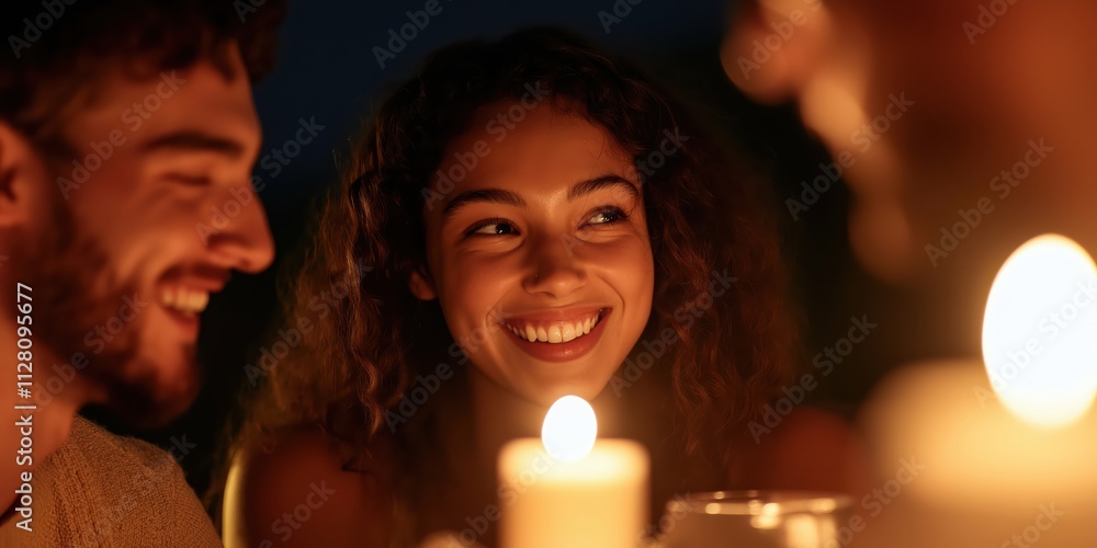 A warm candlelit atmosphere features a smiling woman surrounded by friends, radiating happiness and connection during an intimate night gathering. A warm candlelit atmosphere features a smiling woman surrounded by friends, radiating happiness and connection during an intimate night gathering.