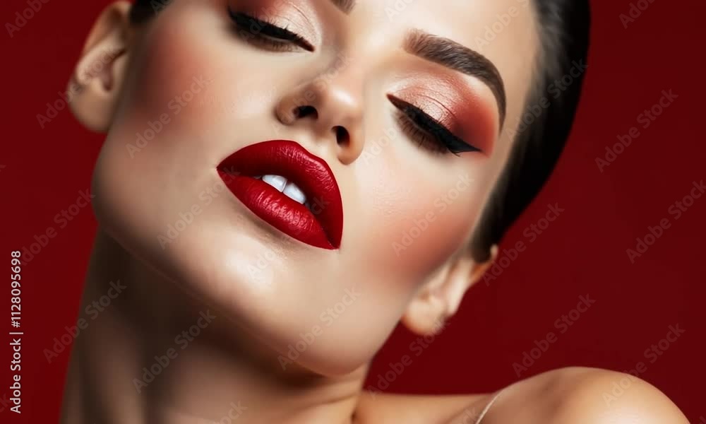 Close-up portrait of a model with bold makeup against a red background. Close-up portrait of a model with bold makeup against a red background.