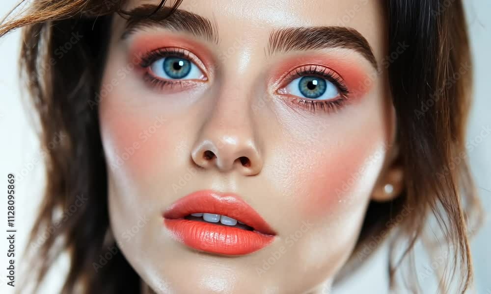 Close-up portrait of a woman with vibrant makeup and blue eyes. Close-up portrait of a woman with vibrant makeup and blue eyes.