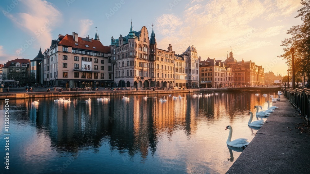 Obraz premium Quiet riverside cityscape, swans in the water, mix of historic and modern buildings, early morning