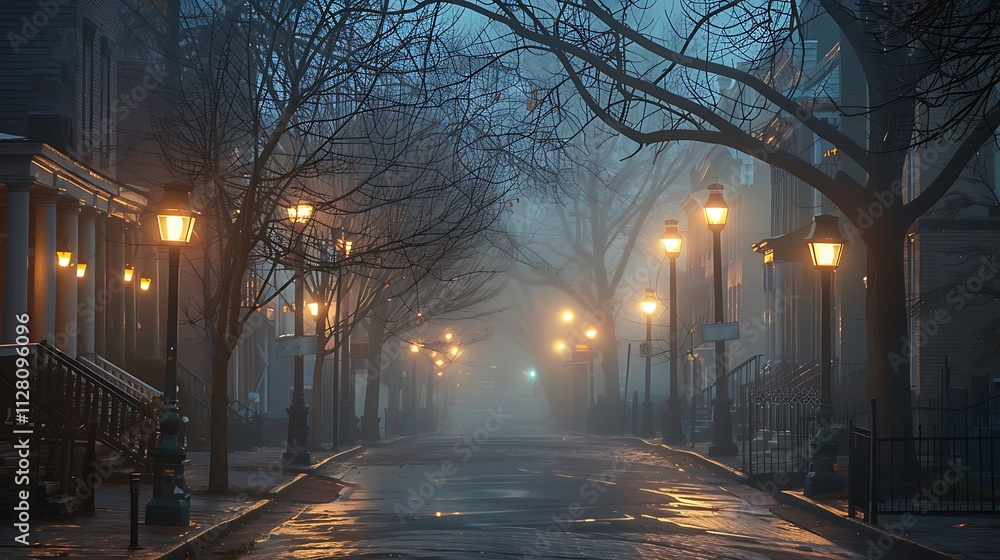 A quaint city street in the early morning fog, with streetlights casting a warm, gentle glow A quaint city street in the early morning fog, with streetlights casting a warm, gentle glow