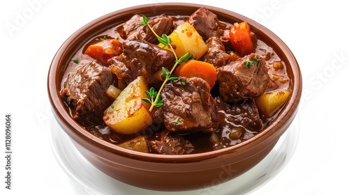 A mouthwatering beef stew, isolated on a white background