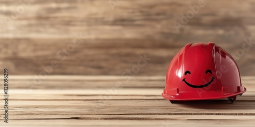 A vibrant red construction helmet featuring a cheerful smiley face, symbolizing safety and positivity in the workplace for construction and industrial settings. photo