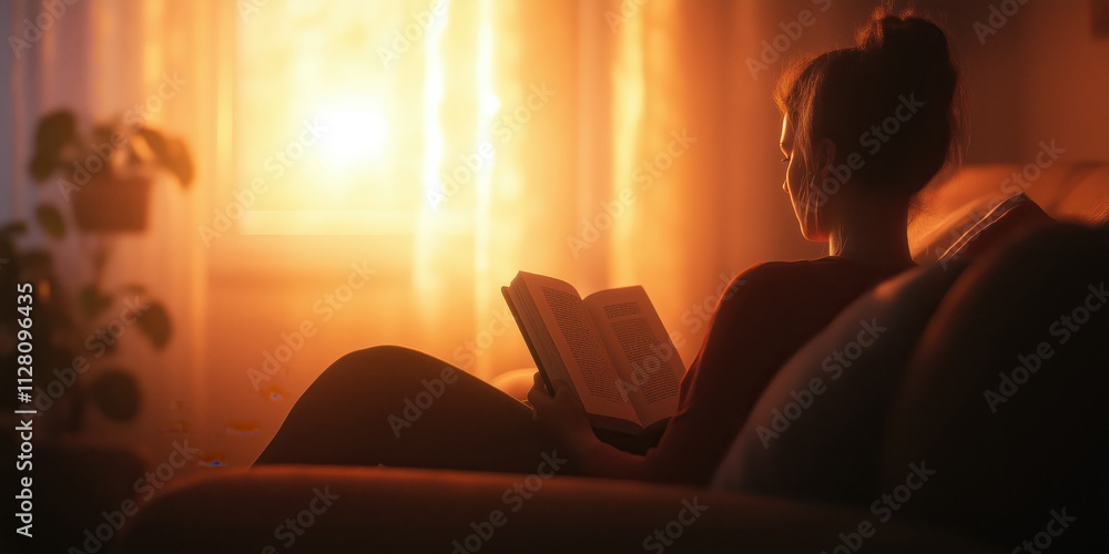 A serene moment captured of a woman absorbed in a book, silhouetted against the warm glow of a sunset, symbolizing tranquility and the love of reading. A serene moment captured of a woman absorbed in a book, silhouetted against the warm glow of a sunset, symbolizing tranquility and the love of reading.