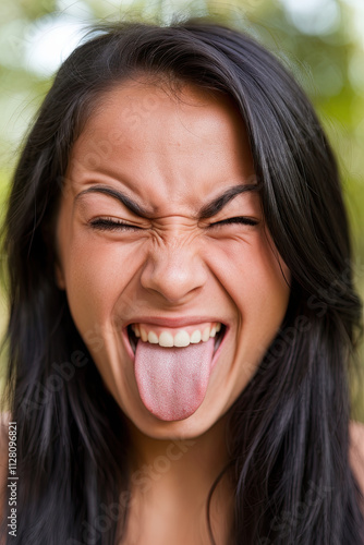 Young woman crossing her eyes and sticking out her tongue, embodying playful humor photo