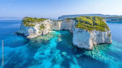 Aerial photo of small rocky islet off Paxos island, Greece.