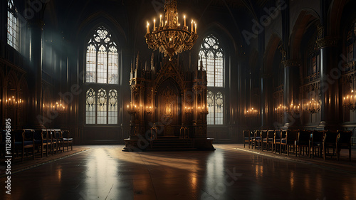 Decorated empty throne hall, majestic throne AI digital illustration photo