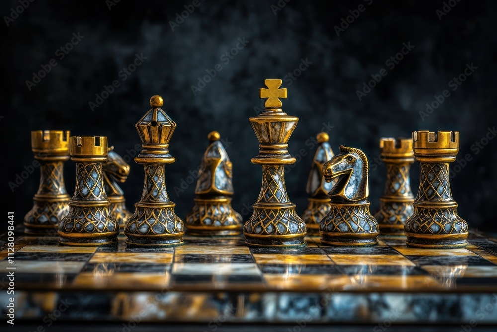 Ornate chess pieces arranged on a marble board, ready for a strategic game. Ornate chess pieces arranged on a marble board, ready for a strategic game.