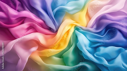 Vibrant multicolored flowing fabric creating a stunning rainbow spiral pattern