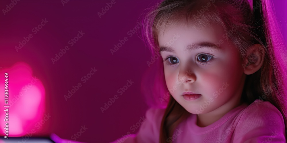 A young girl mesmerized by the glow of a screen, reflecting modern childhood's interaction with technology and the beauty of curiosity and focus in the digital era. A young girl mesmerized by the glow of a screen, reflecting modern childhood's interaction with technology and the beauty of curiosity and focus in the digital era.