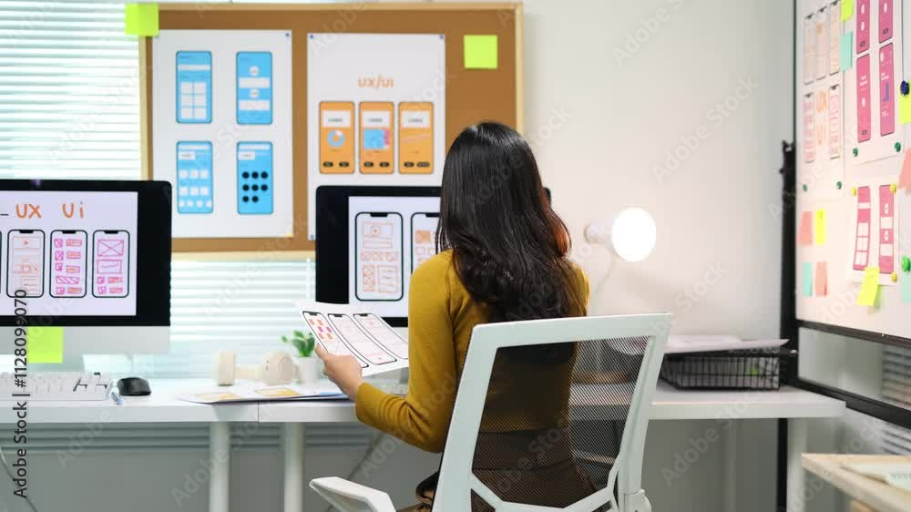 Female ui ux designer working on mobile app design prototype. Ui/ux designer is analyzing the user flow of a mobile application prototype she is designing, using sticky notes on a whiteboard.