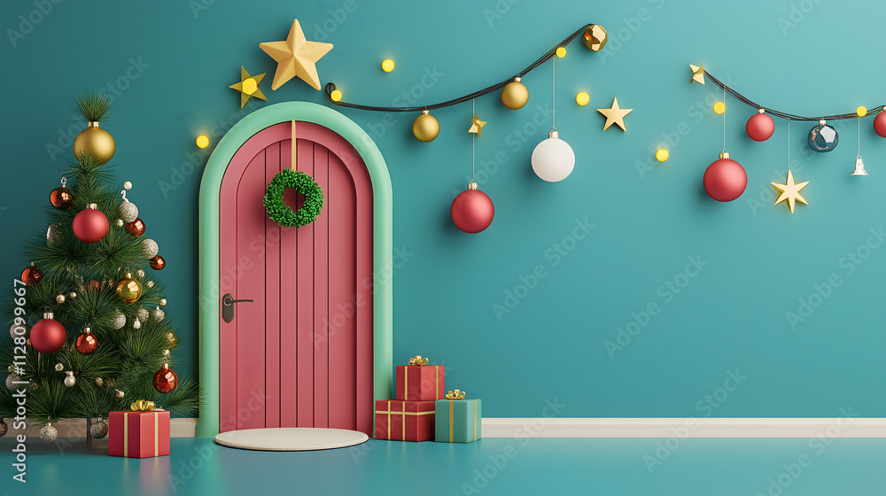 Festive Holiday Decor with a Cheerful Pink Door, Christmas Tree, Colorful Ornaments and Strands of Light Hanging Against a Turquoise Wall in a Bright Room Festive Holiday Decor with a Cheerful Pink Door, Christmas Tree, Colorful Ornaments and Strands of Light Hanging Against a Turquoise Wall in a Bright Room