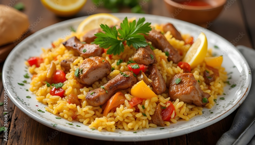 Vibrant Arroz Carreteiro with Meat, Vegetables, and Lemon Slices Vibrant Arroz Carreteiro with Meat, Vegetables, and Lemon Slices