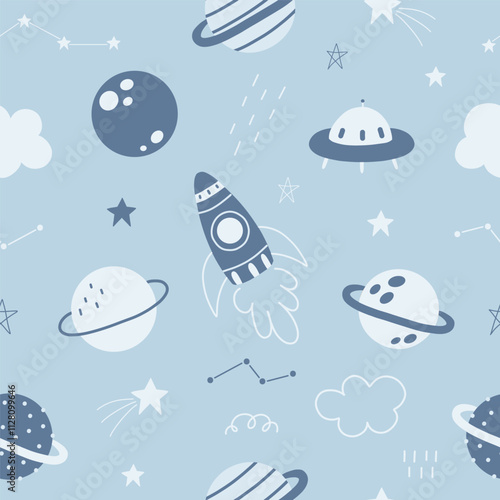 Seamless pattern with cute space, planets, stars, ufo, constellations, rockets, saturn on light blue background. Creative kids texture for fabric, prints, wallpaper, decorations, textiles.