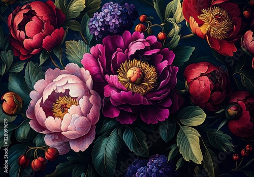 Fototapeta Naklejka Na Ścianę i Meble -  vibrant peony floral arrangement lush green leaves rich blue background realistic artistic detail natural beauty