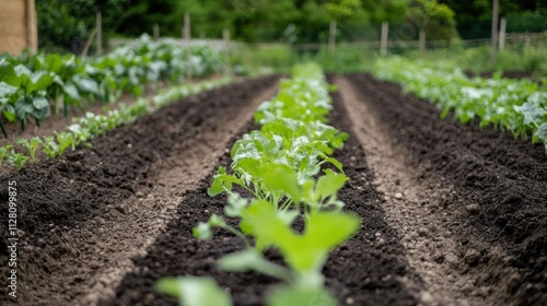 Rows of flourishing young plants in a vibrant vegetable garden, showcasing the beauty of nature's bounty and the promise of a plentiful harvest.