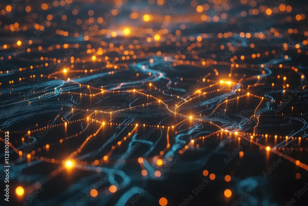 Fototapeta premium Abstract glowing network connections, digital data streams, and flowing particles.