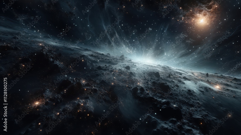 Fototapeta premium Rocky Asteroid Surface Near Bright Star System