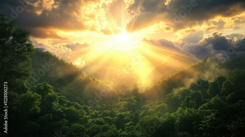 Sunrise over green mountain hills, lush forest, rays of light breaking through 