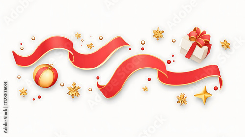 Festive Christmas Elements with Ribbons, Ornaments, and a Gift Box for Holiday Celebrations and Seasonal Decorations