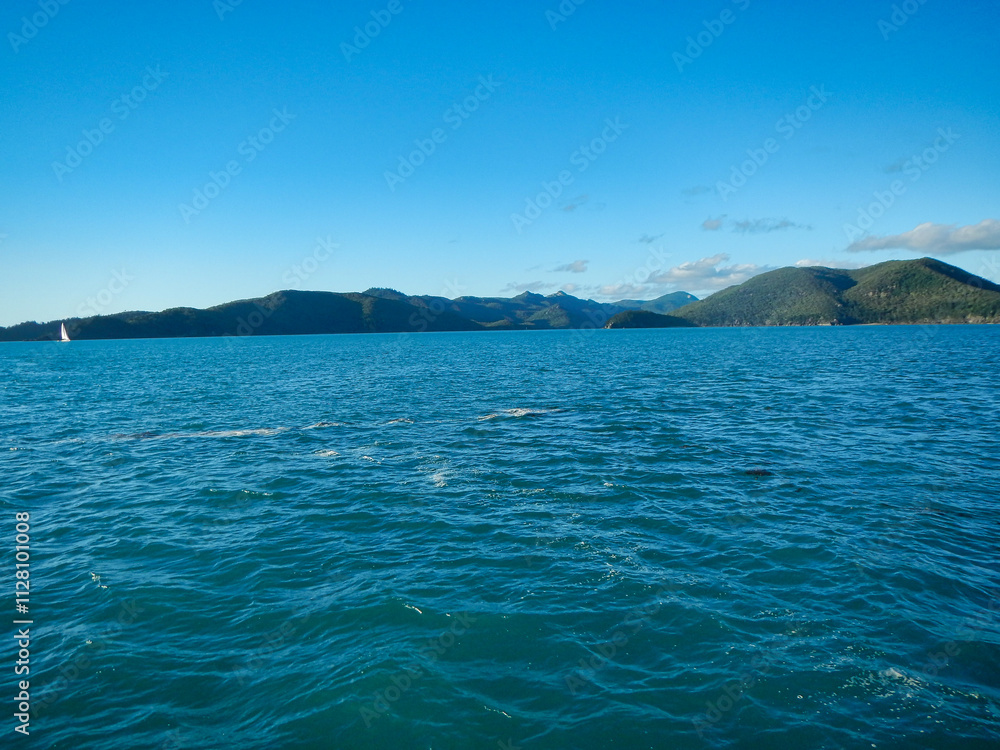 A vast and expansive body of water with majestic mountains in the background Whitsunday Island, Queensland, Australia A vast and expansive body of water with majestic mountains in the background Whitsunday Island, Queensland, Australia