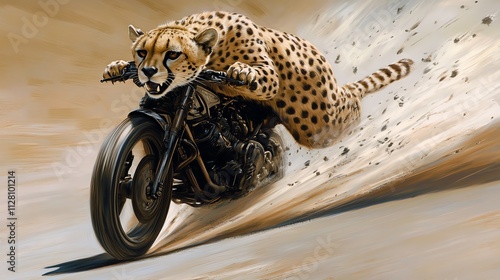 A cheetah racing on a motorcycle, capturing the thrill of speed and the beauty of wild motion in a dynamic scene. photo