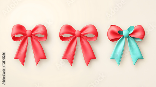 Collection of Three Decorative Bows in Red and Teal Colors for Gift Wrapping and Festive Decorations with a Soft Beige Background