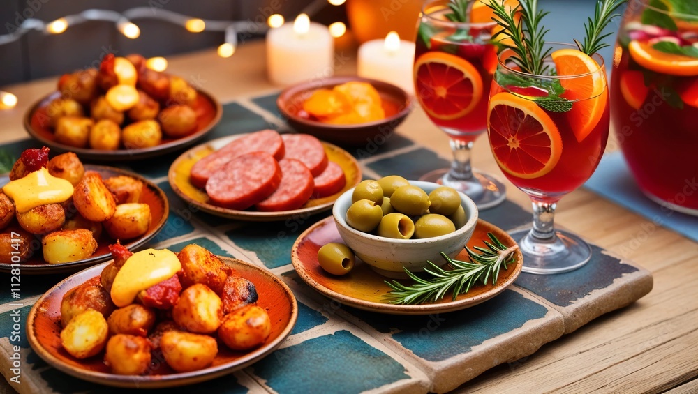 AI GENERATE, food festive of including patatas bravas, chorizo, and olives, served on small rustic plates with glasses of sangria in the background. AI GENERATE, food festive of including patatas bravas, chorizo, and olives, served on small rustic plates with glasses of sangria in the background.