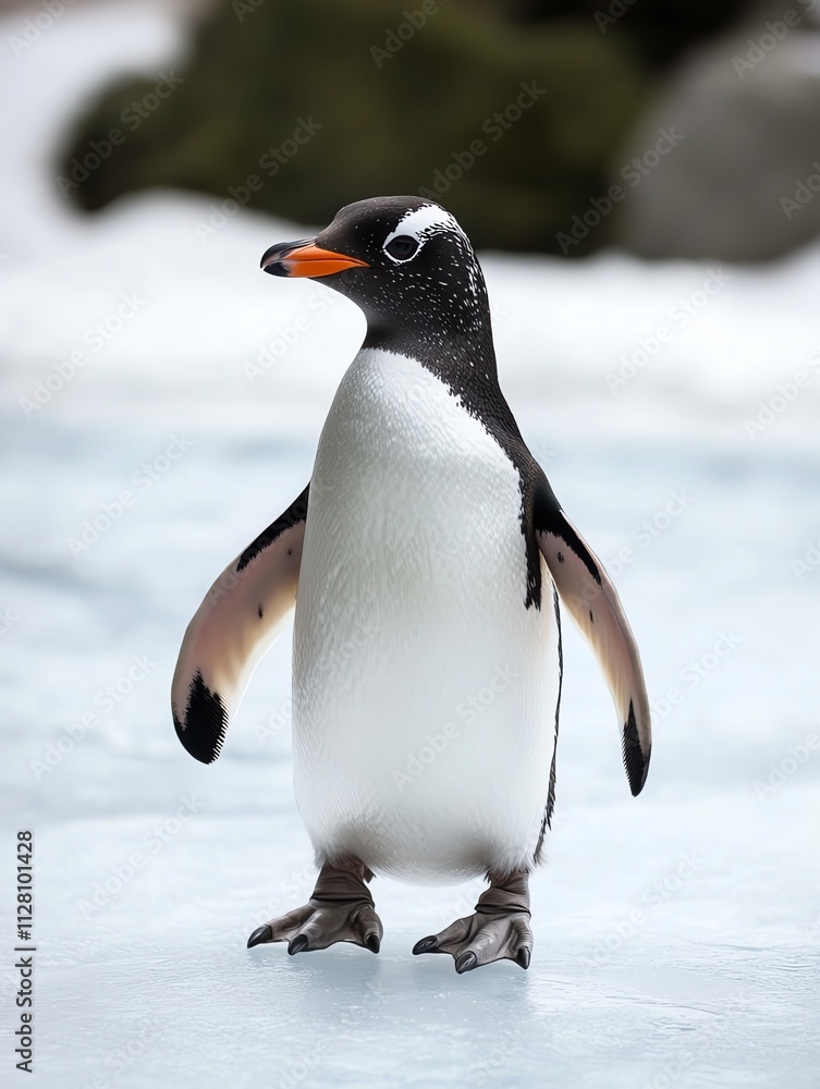 Fototapeta premium A charming penguin standing on icy terrain, showcasing its distinctive black and white feathers.