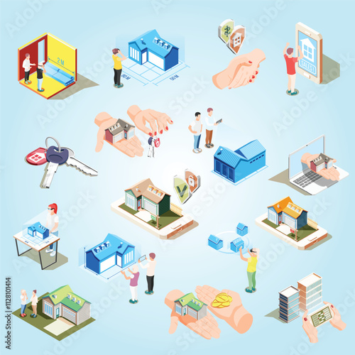 Real estate augmented reality isometric icon set with different elements and attributes of buildings illustration