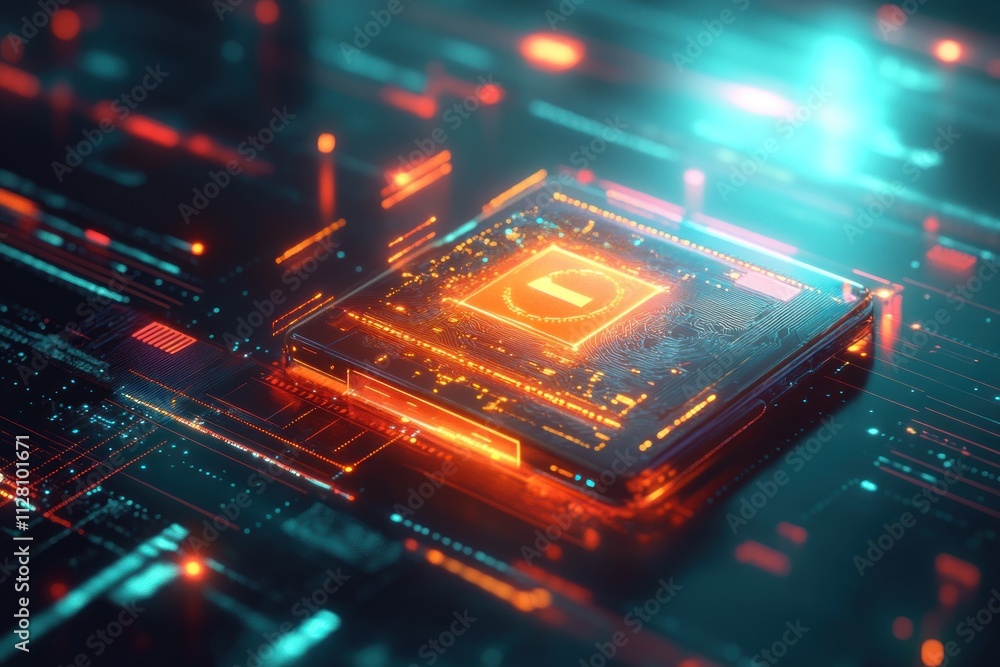 Futuristic CPU with glowing security lock symbol on circuit board. Futuristic CPU with glowing security lock symbol on circuit board.
