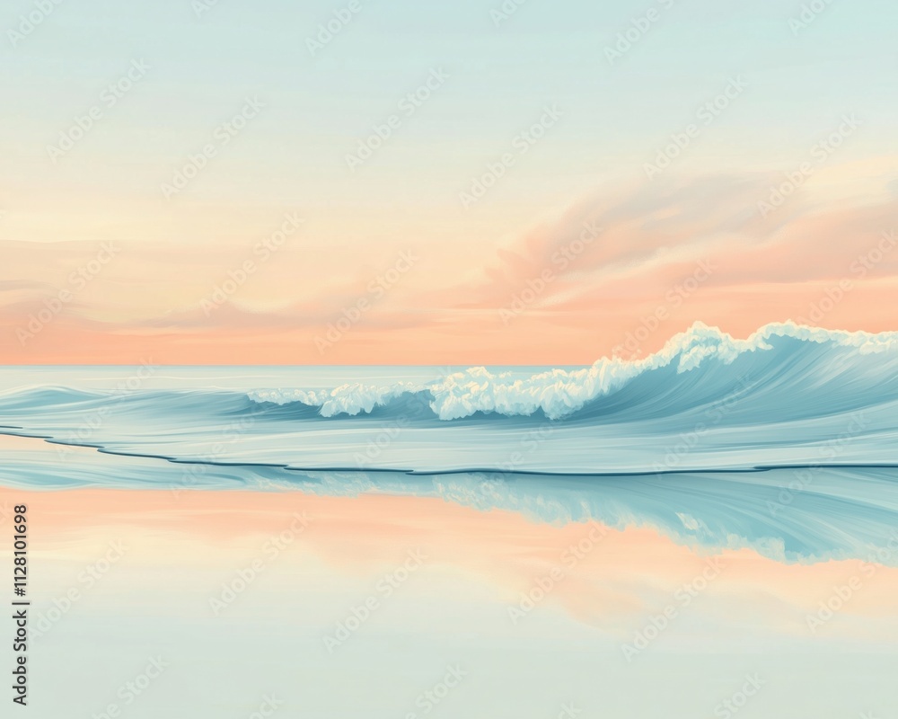 Fototapeta premium Abstract of gentle waves rippling over a shallow beach at dusk, soft pastel blues and peach tones